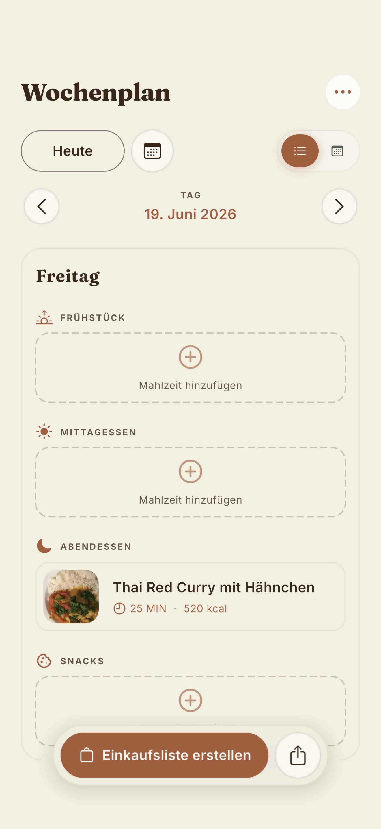 Cove Wochenplaner mit Frühstück, Mittag und Abendessen für sieben Tage auf dem iPhone