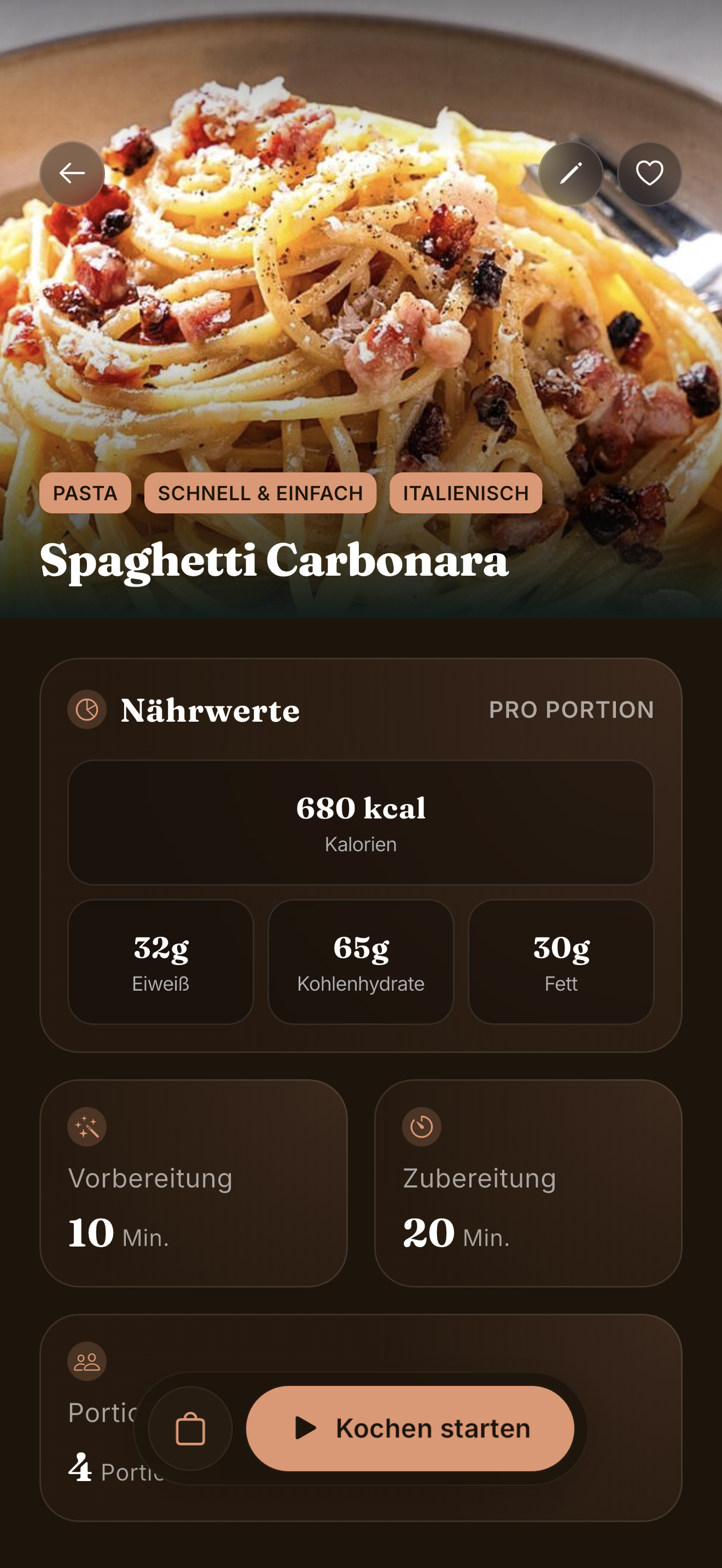 Cove Rezeptdetail-Ansicht mit Koch-Historie, Fotos und Zutatenliste auf dem iPhone