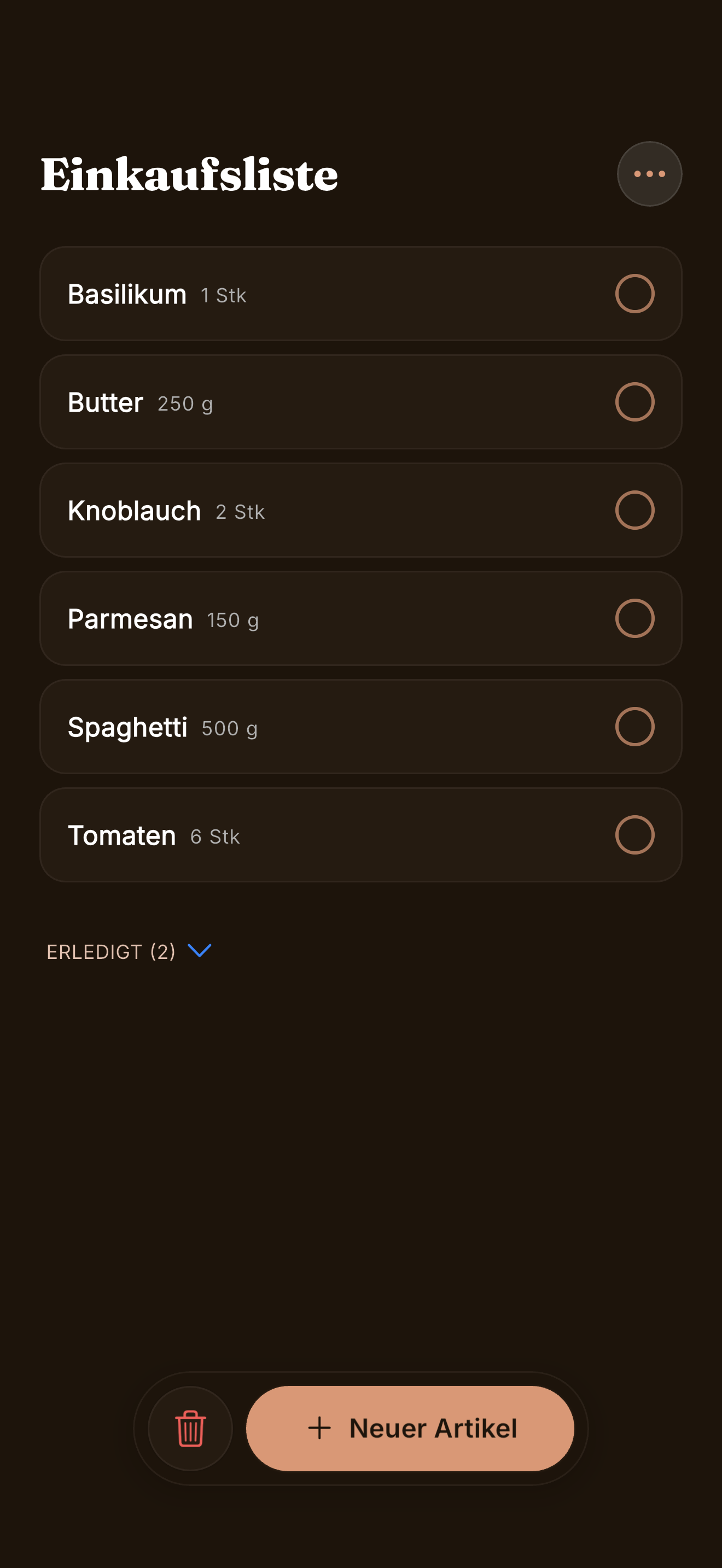 Cove smarte Einkaufsliste, sortiert nach Kategorie mit abhakbaren Einträgen auf dem iPhone