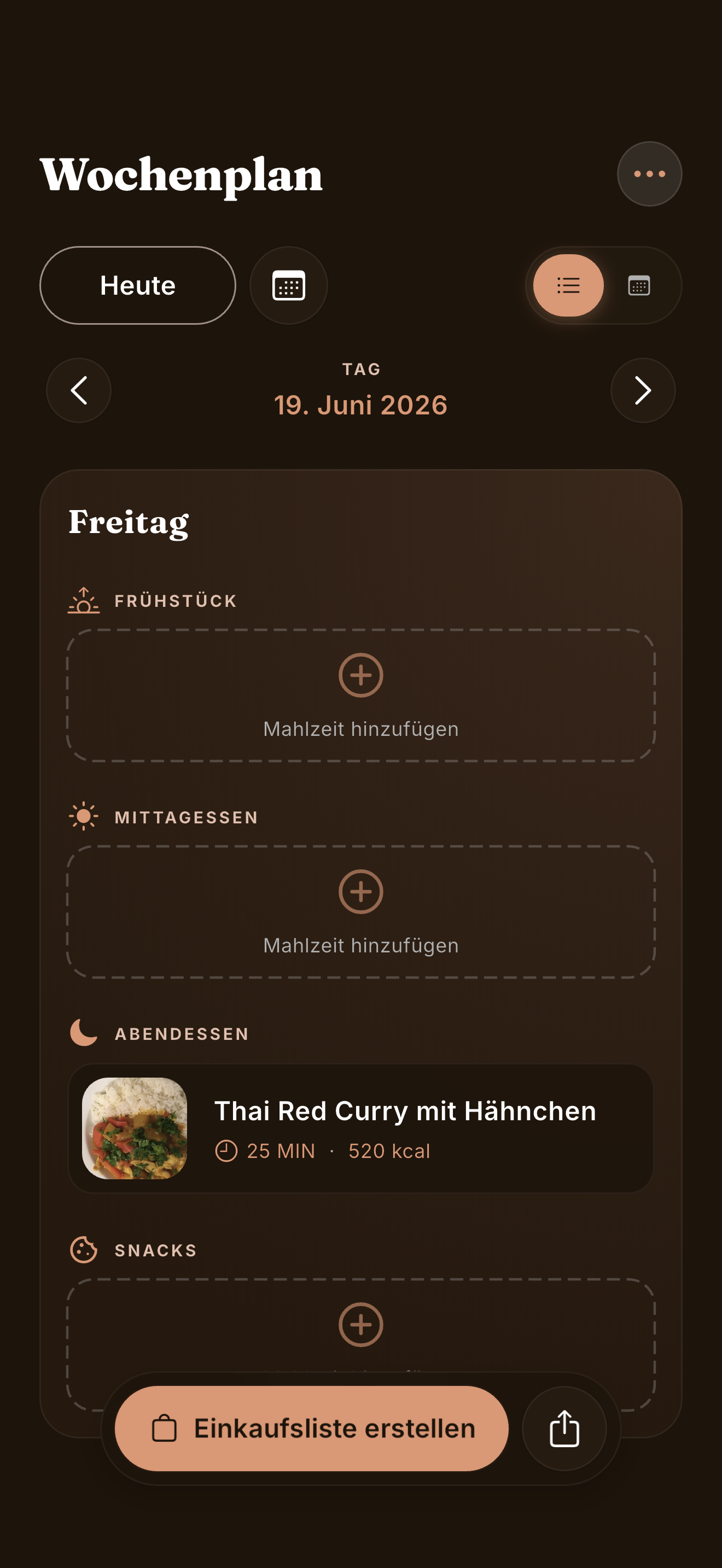 Cove Wochenplaner mit Frühstück, Mittag und Abendessen für sieben Tage auf dem iPhone
