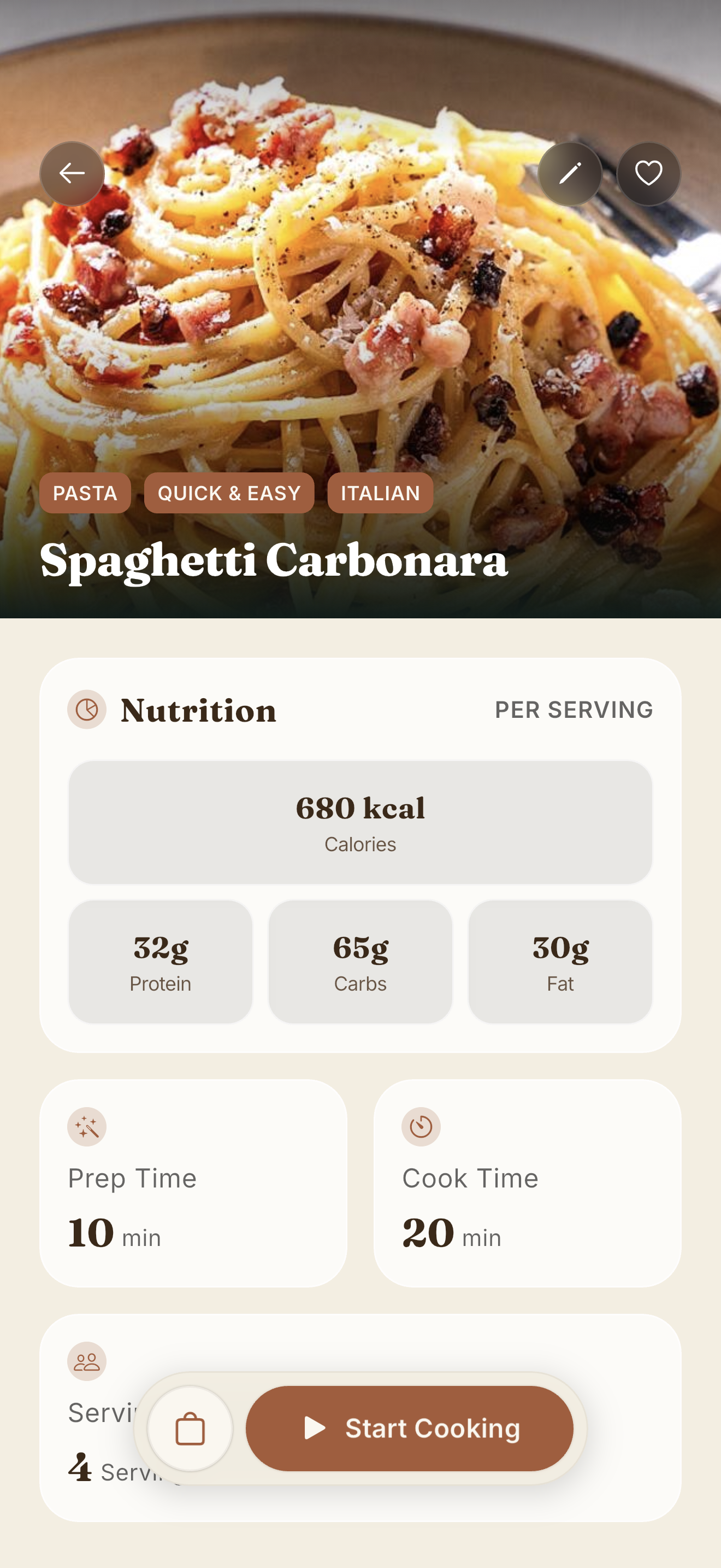 Cove recipe detail view with cooking history, photos and ingredient list on iPhone