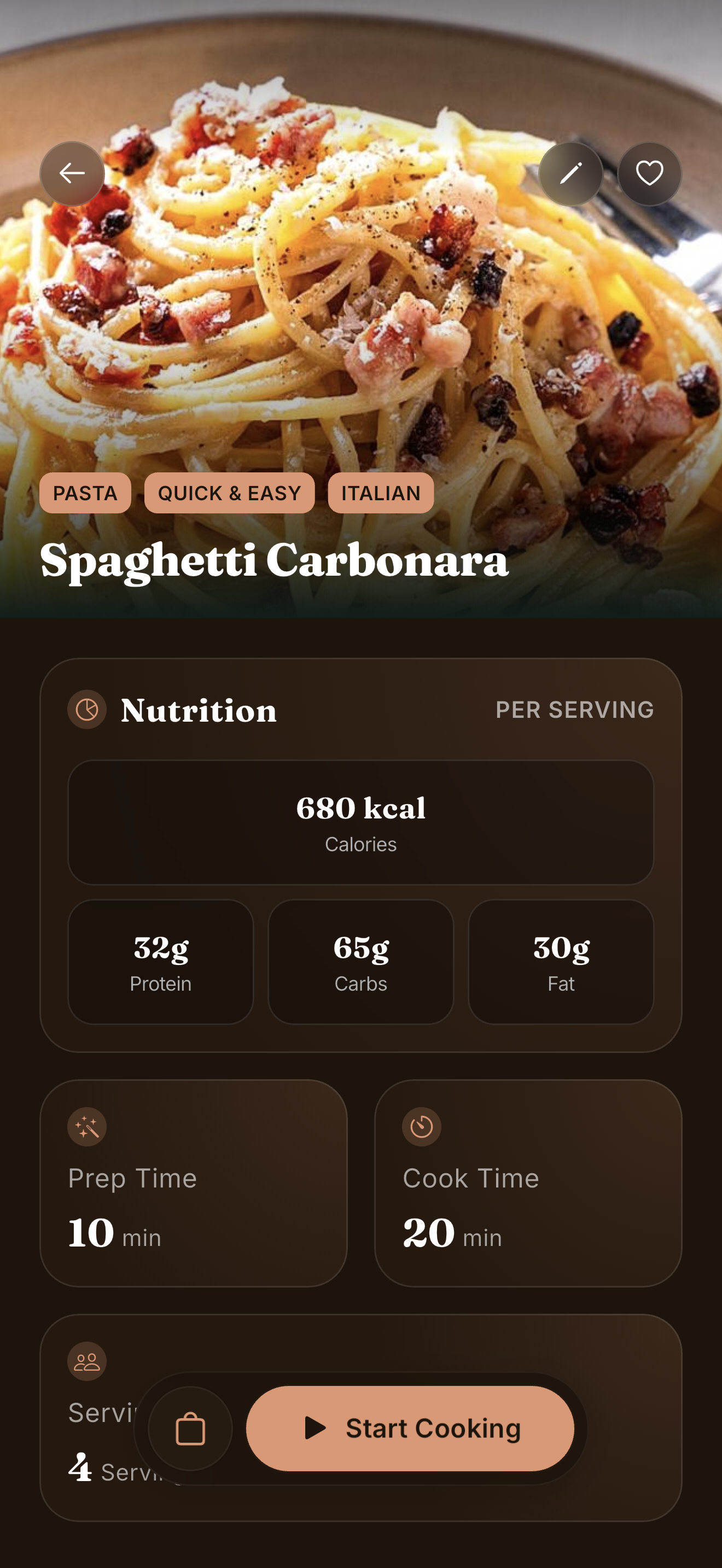 Cove recipe detail view with cooking history, photos and ingredient list on iPhone