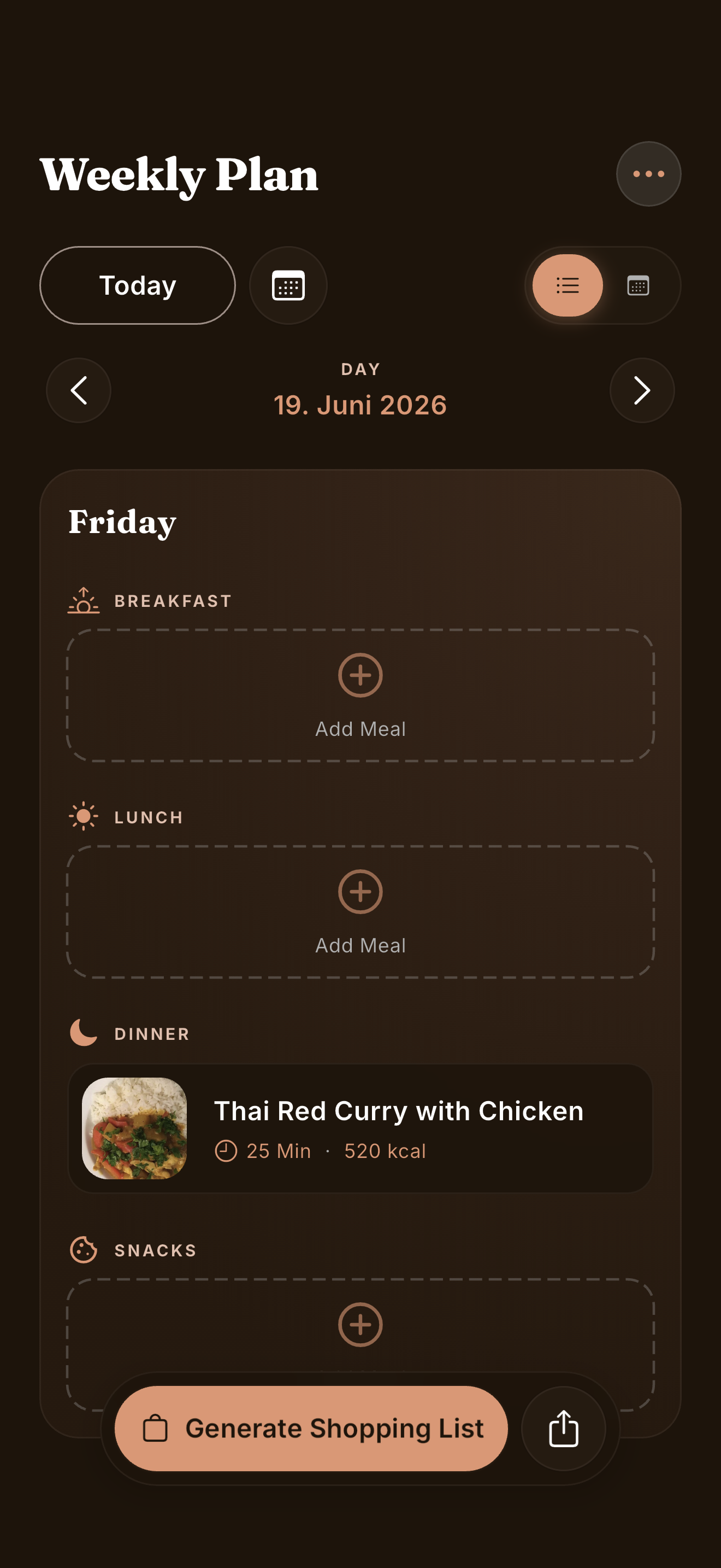Cove weekly meal planner showing breakfast, lunch and dinner across seven days on iPhone