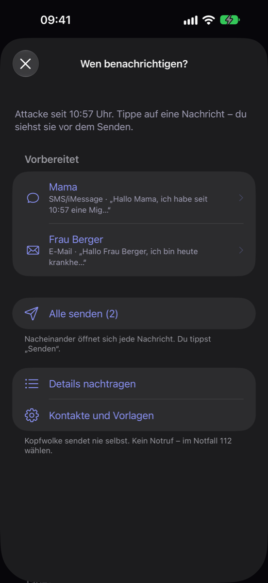 Kopfwolke-Sheet „Wen benachrichtigen?“ mit vorbereiteten Nachrichten an Familie und Arbeit