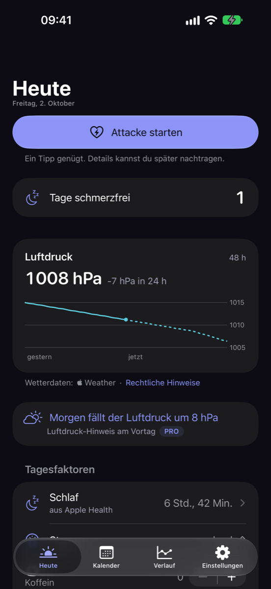 Kopfwolke-Bildschirm „Heute“ mit dem Knopf „Attacke starten“ und dem Luftdruck