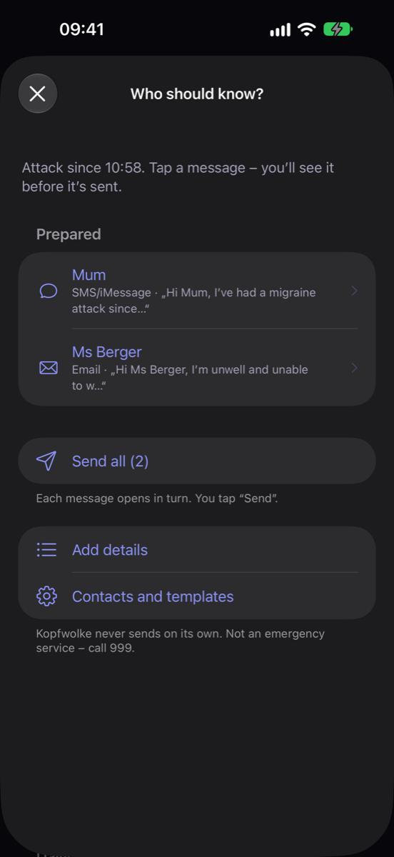 Kopfwolke Notify sheet with prepared messages to family and work