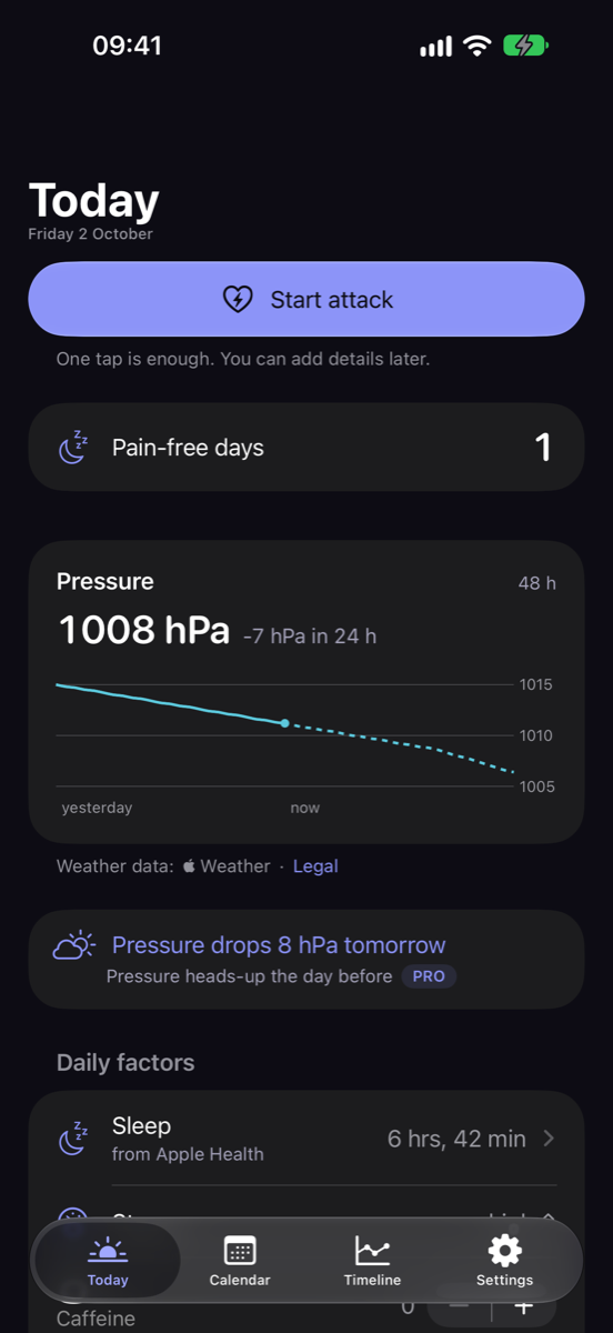 Kopfwolke Today screen with the Start attack button and barometric pressure