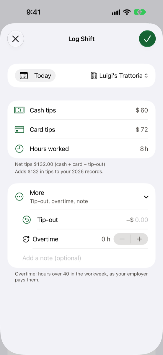 TipStub: Schicht mit Trinkgeld, Tip-out und Stunden erfassen
