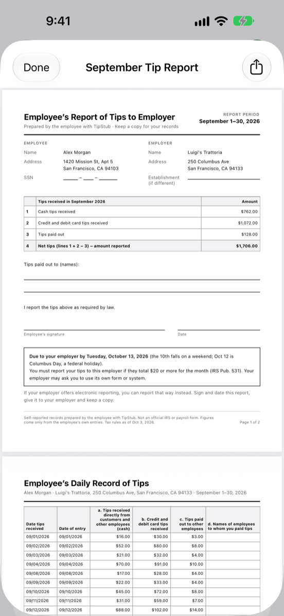 TipStub: monatlicher Tip Report für einen Arbeitgeber
